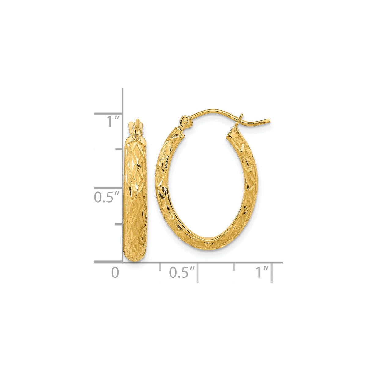14k Yellow Gold Oval Hoop Earrings, Polished Textured with Diamond-Cut Detailing
