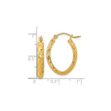 14k Yellow Gold Oval Hoop Earrings, Polished Textured with Diamond-Cut Detailing