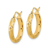 14k Yellow Gold Hoop Earrings, Textured Diamond Cut Twisted Design, Polished Finish