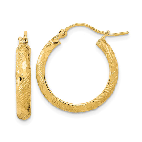 14k Yellow Gold Hoop Earrings, Textured Diamond Cut Twisted Design, Polished Finish