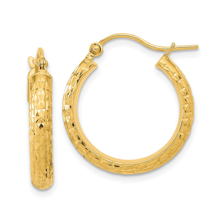 14k Yellow Gold Hoop Earrings, Textured Diamond Cut Shimmer Finish, Lightweight Round Design