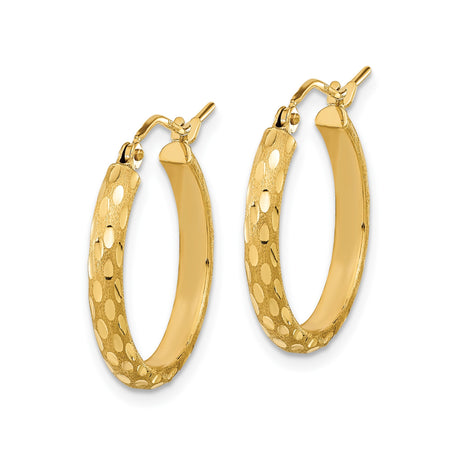 14k Yellow Gold Hoop Earrings with Textured Hammered Finish and Polished Oval Accents