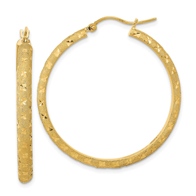 14k Yellow Gold Hoop Earrings, Textured with Diamond Cut Design, Polished Brushed Finish