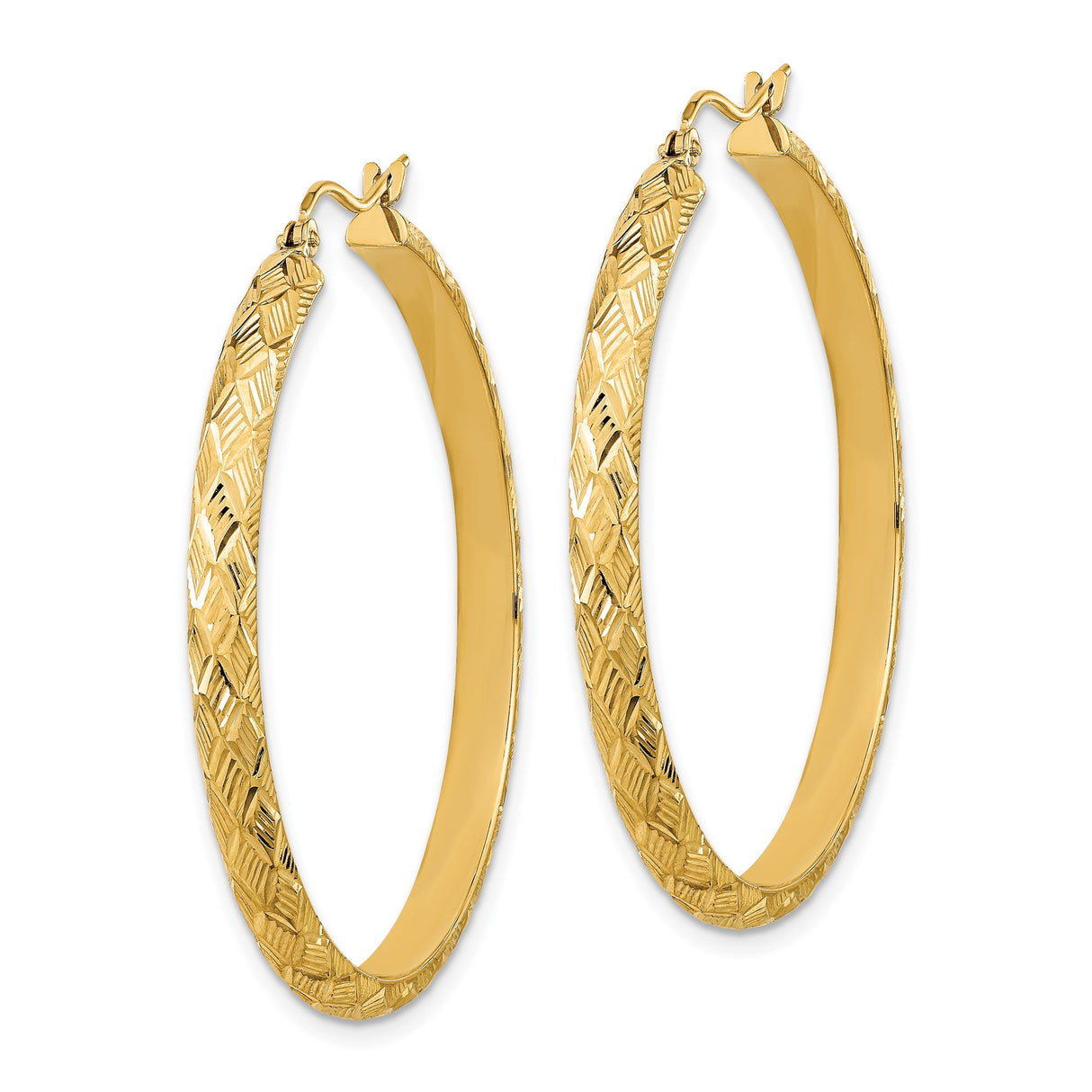 14k Yellow Gold Hoop Earrings, Large Round Textured Diamond Cut Lightweight Design for Women