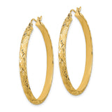 14k Yellow Gold Hoop Earrings, Large Round Textured Diamond Cut Lightweight Design for Women