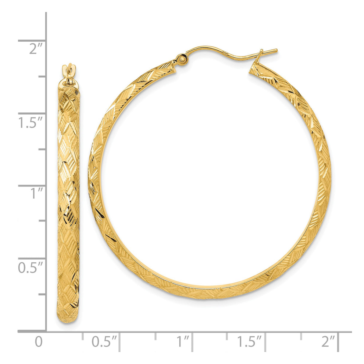 14k Yellow Gold Hoop Earrings, Large Round Textured Diamond Cut Lightweight Design for Women