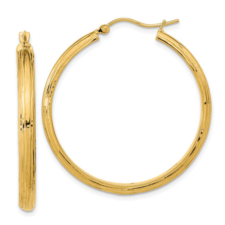 14k Yellow Gold Hoop Earrings, Textured Round Design with Polished Finish