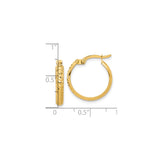 14k Yellow Gold Hoop Earrings, Polished and Diamond Cut Textured Round Design with Hinged Closure