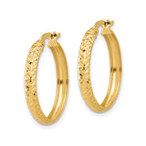 14k Yellow Gold Hoop Earrings with Diamond Cut Textured Design and Polished Finish