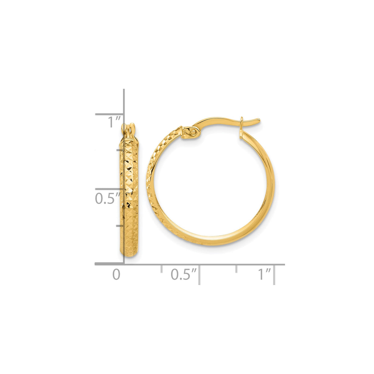 14k Yellow Gold Hoop Earrings with Diamond Cut Textured Design and Polished Finish