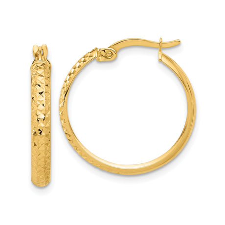 14k Yellow Gold Hoop Earrings with Diamond Cut Textured Design and Polished Finish