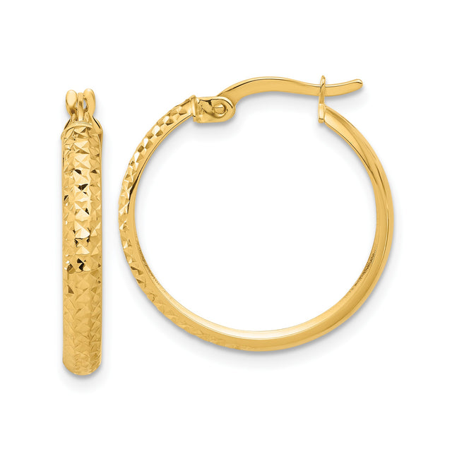 14k Yellow Gold Hoop Earrings with Diamond Cut Textured Design and Polished Finish