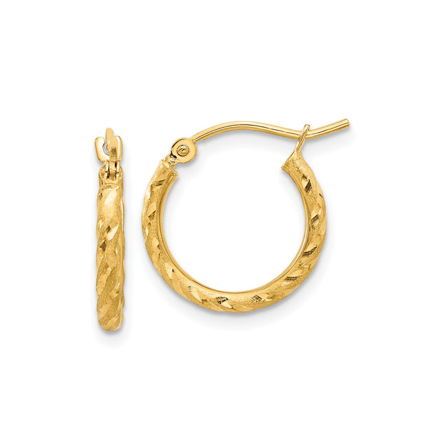 14k Yellow Gold Hoop Earrings, Twisted Diamond Cut, Polished Satin Finish, Lightweight for Women