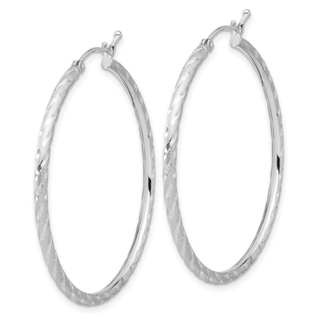 14k White Gold Hoop Earrings, Twisted Diamond-Cut Textured Design for Women