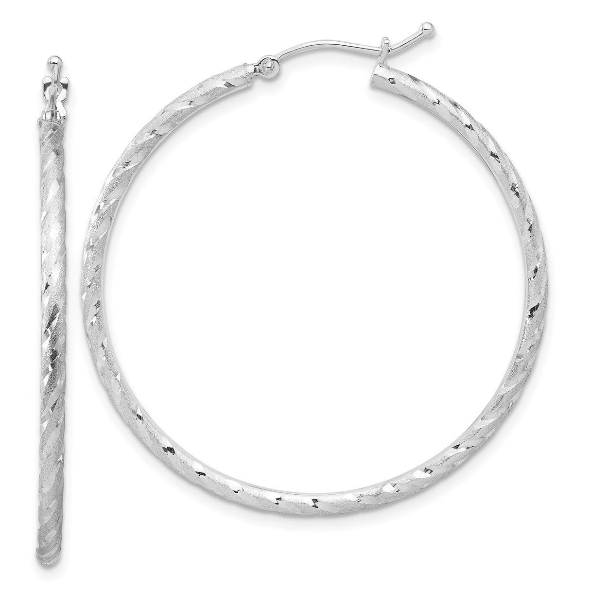 14k White Gold Hoop Earrings, Twisted Diamond-Cut Textured Design for Women