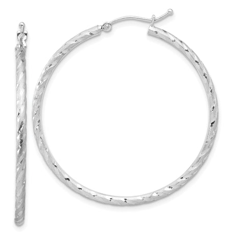 14k White Gold Hoop Earrings, Twisted Diamond-Cut Textured Design for Women