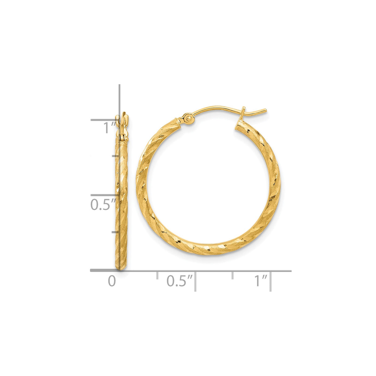 14k Yellow Gold Hoop Earrings with Twisted Diamond-Cut Design and Polished Satin Finish