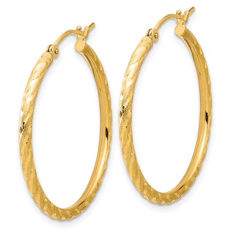 14k Yellow Gold Hoop Earrings with Twisted Diamond Cut Design and Polished Finish