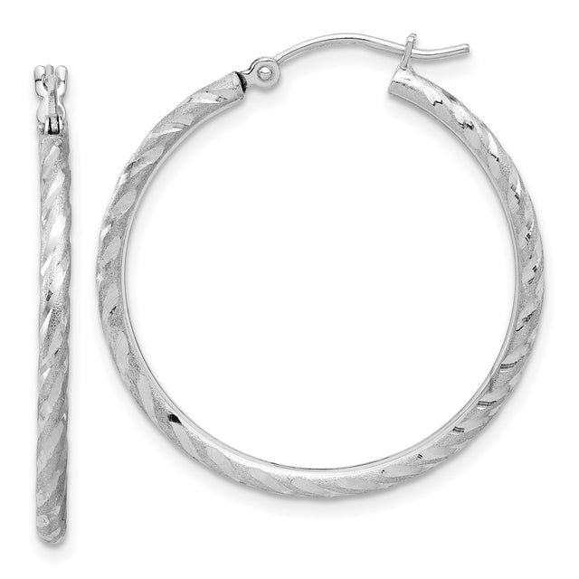 14k White Gold Hoop Earrings, Twisted Diamond Cut Textured Design