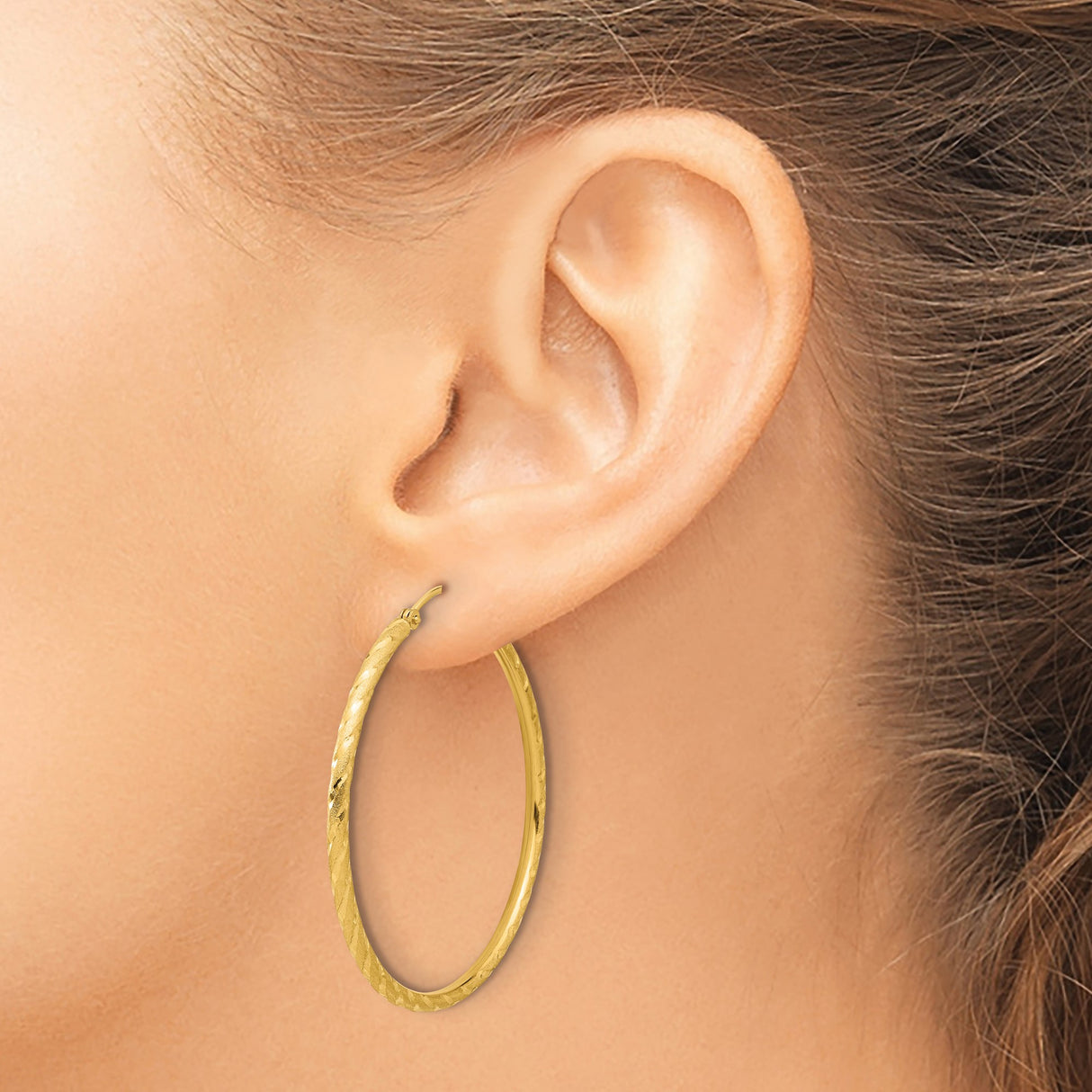 14k Yellow Gold Twisted Hoop Earrings, Diamond-Cut Textured Satin Finish, Large Statement Style