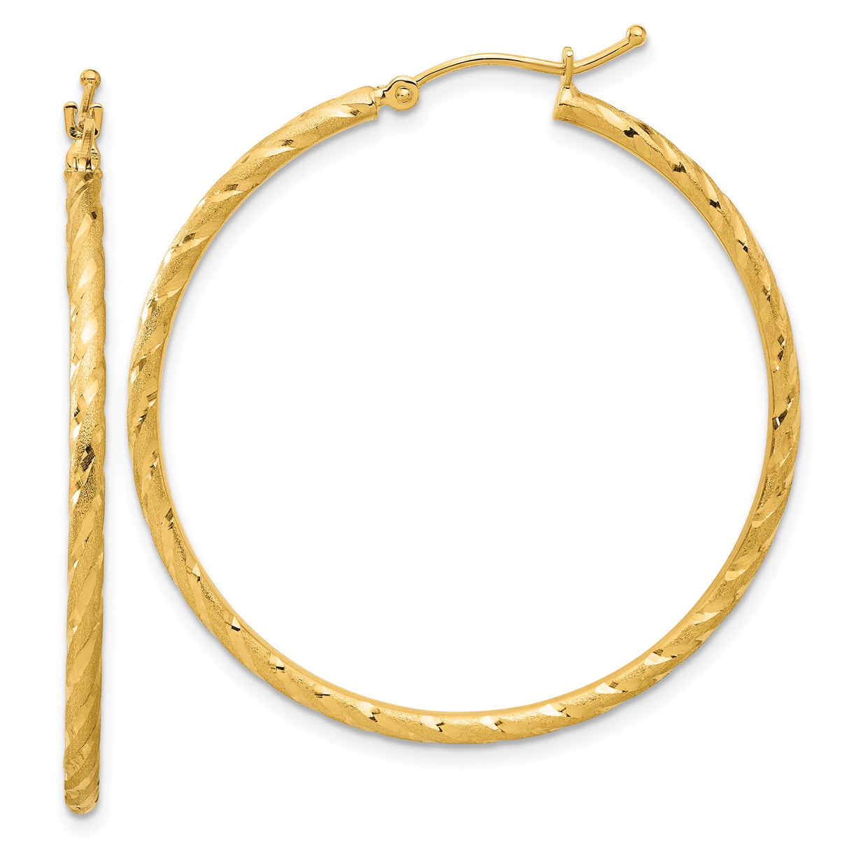 14k Yellow Gold Twisted Hoop Earrings, Diamond-Cut Textured Satin Finish, Large Statement Style