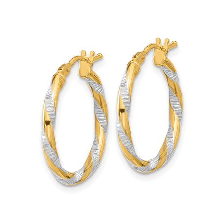 14k Yellow Gold Two-Tone Twisted Hoop Earrings, Diamond Cut Textured Finish for Women