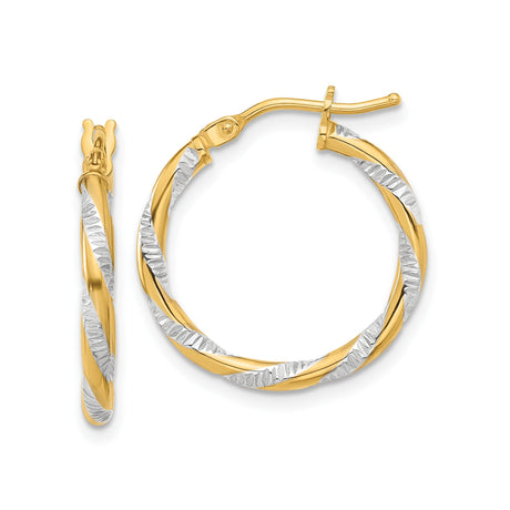 14k Yellow Gold Two-Tone Twisted Hoop Earrings, Diamond Cut Textured Finish for Women