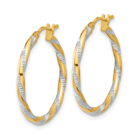 14k Yellow Gold Two Tone Twisted Hoop Earrings with Diamond Cut White Gold, Medium Size