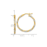 14k Yellow Gold Two Tone Twisted Hoop Earrings with Diamond Cut White Gold, Medium Size