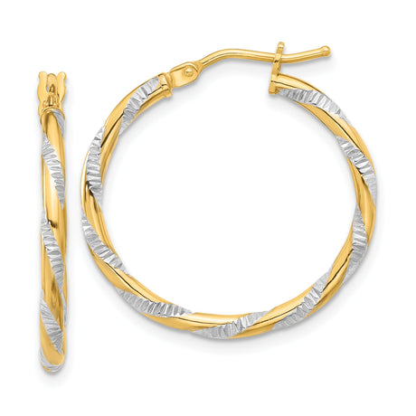 14k Yellow Gold Two Tone Twisted Hoop Earrings with Diamond Cut White Gold, Medium Size
