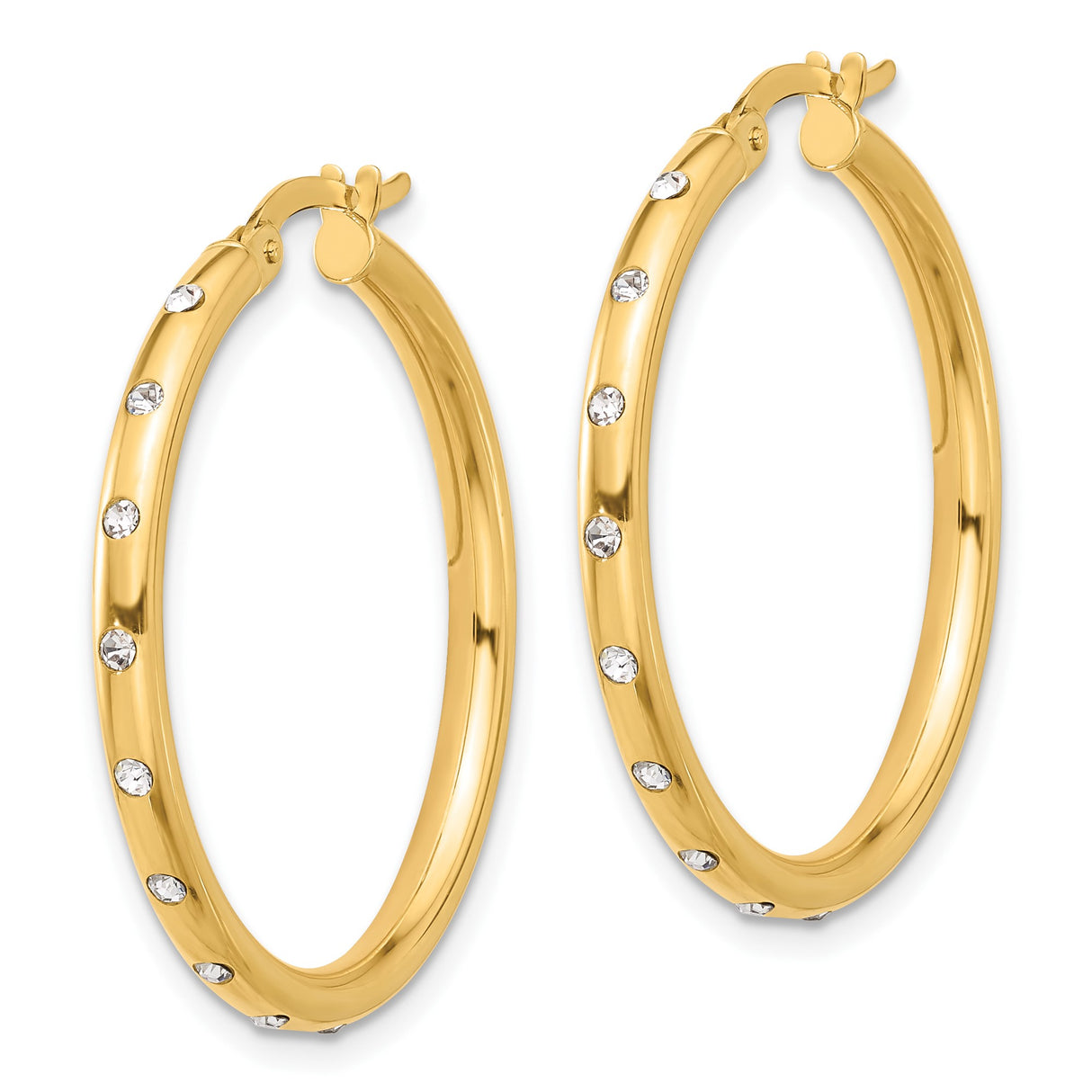 14k Yellow Gold Hoop Earrings with Cubic Zirconia, Classic Round Polished Design for Women