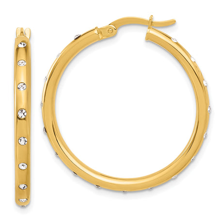 14k Yellow Gold Hoop Earrings with Cubic Zirconia, Classic Round Polished Design for Women