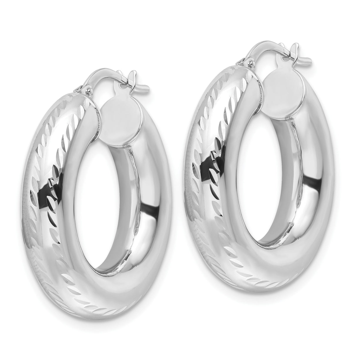 14k White Gold Twisted Hoop Earrings, Polished Diamond Cut Round Design