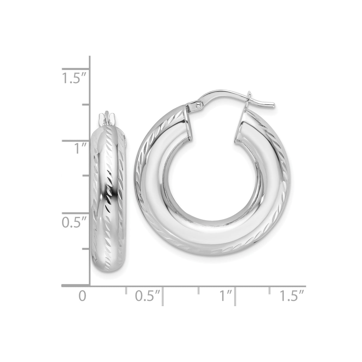 14k White Gold Twisted Hoop Earrings, Polished Diamond Cut Round Design