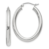 14k White Gold Hoop Earrings, Polished Oval Design, Hinged Back, Lightweight Classic Style