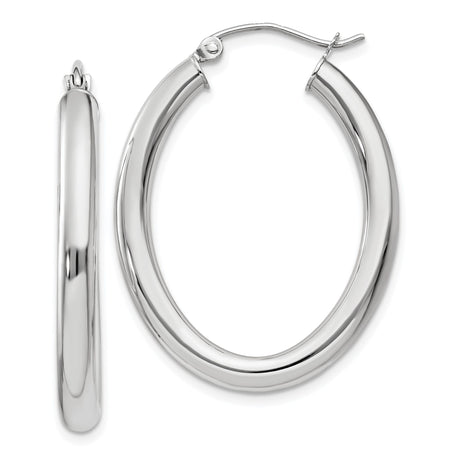 14k White Gold Hoop Earrings, Polished Oval Design, Hinged Back, Lightweight Classic Style