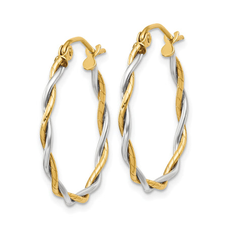 14k Yellow Gold Twisted Hoop Earrings, Intertwined Two-Tone Design, Polished Lightweight Style