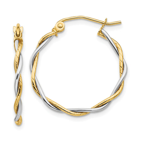 14k Yellow Gold Twisted Hoop Earrings, Intertwined Two-Tone Design, Polished Lightweight Style