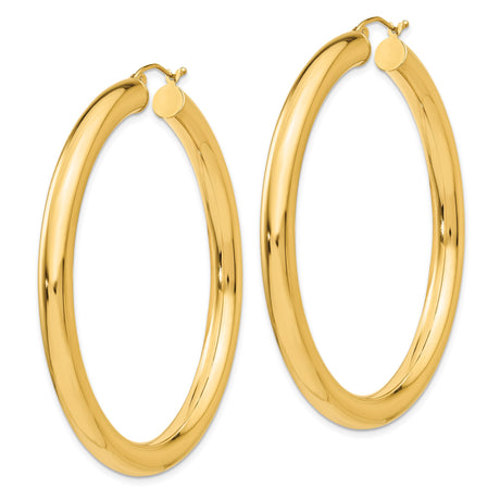 14k Yellow Gold Hoop Earrings, Classic Round Tube Design with High-Polish Finish, Snap-Back Closure