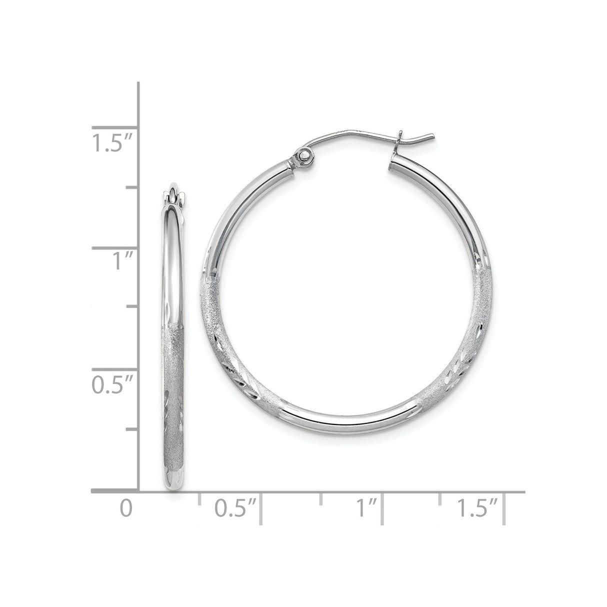 14k White Gold Hoop Earrings, Textured and Polished with Diamond Cut Accents