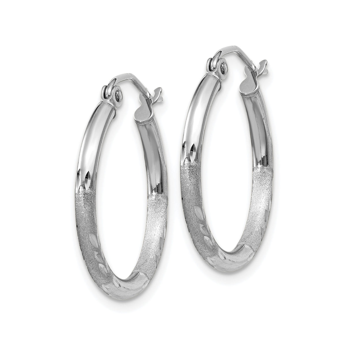 14k White Gold Hoop Earrings, Textured Leaf Pattern with Diamond Cut Design