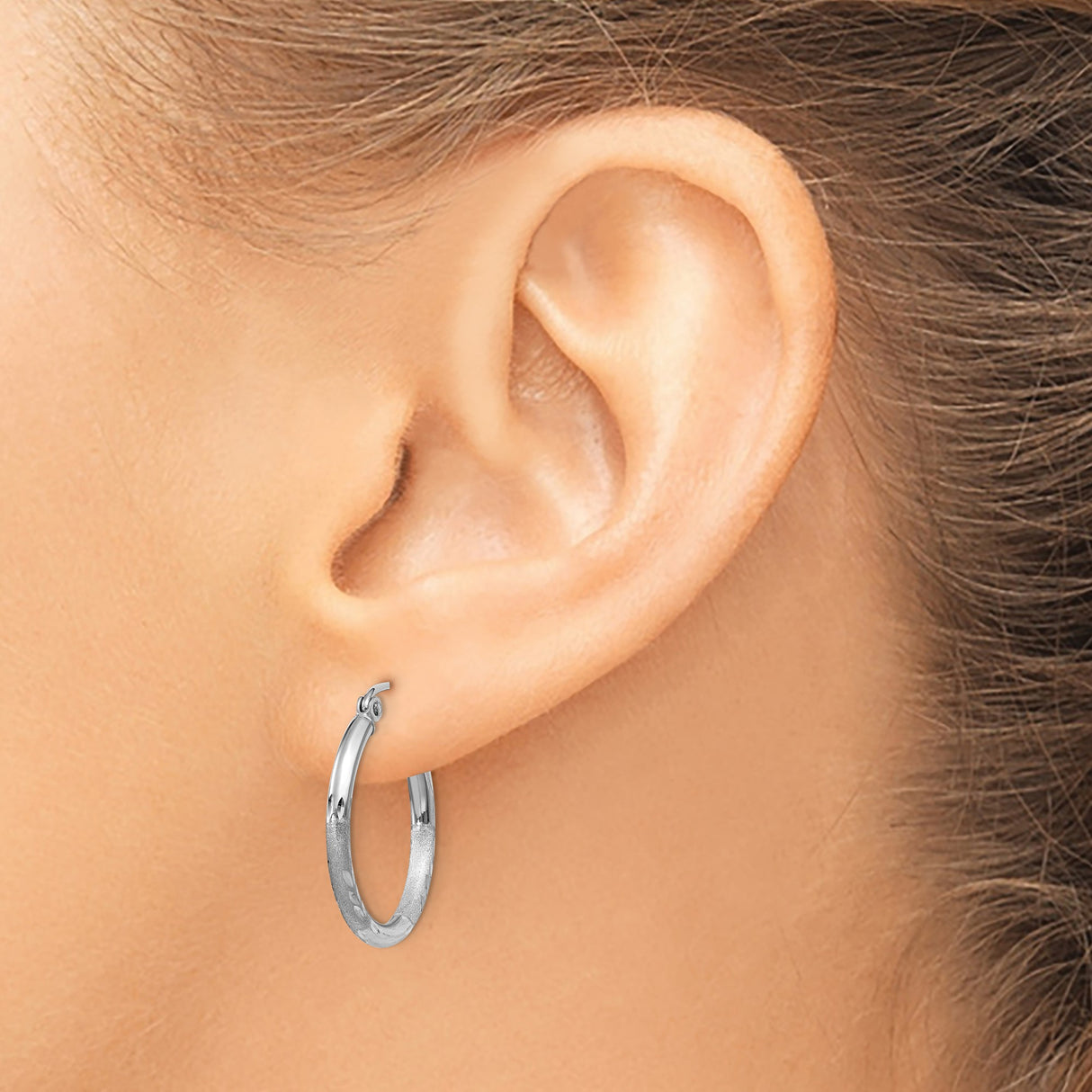 14k White Gold Hoop Earrings, Textured Leaf Pattern with Diamond Cut Design