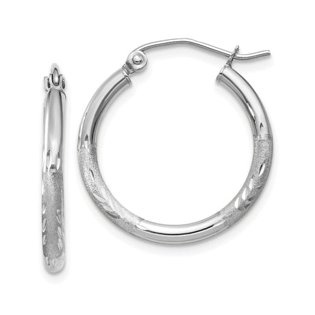 14k White Gold Hoop Earrings, Textured Leaf Pattern with Diamond Cut Design