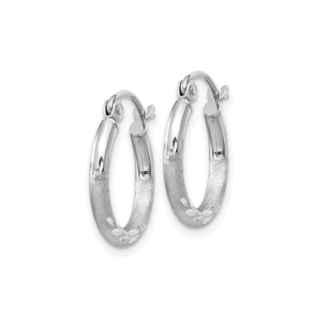 14k White Gold Hoop Earrings with Textured Satin Finish and Polished Leaf Accents