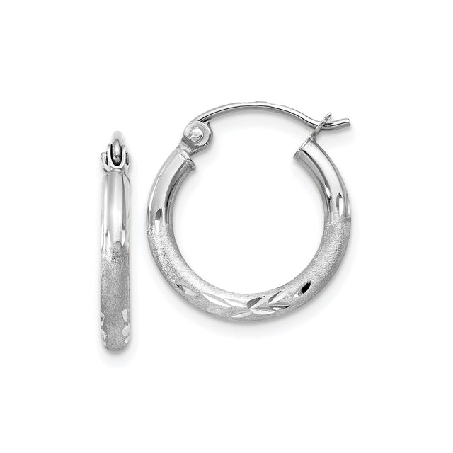 14k White Gold Hoop Earrings with Textured Satin Finish and Polished Leaf Accents