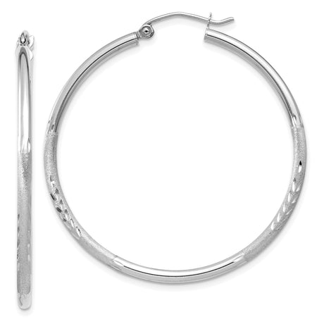 14k White Gold Hoop Earrings, Textured Diamond Cut Design with Polished Finish