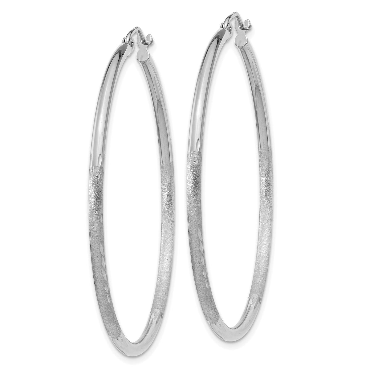 14k White Gold Hoop Earrings, Polished and Textured with Diamond Cut Accents, Lightweight Modern Style