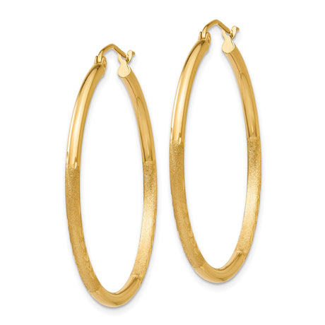14k Yellow Gold Hoop Earrings, Textured Diamond-Cut with Satin Finish, Lightweight Round Design