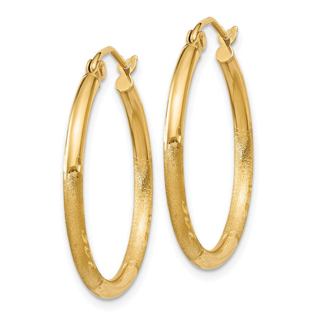 14k Yellow Gold Hoop Earrings, Polished Textured Hoops with Diamond Cut Detailing for Women