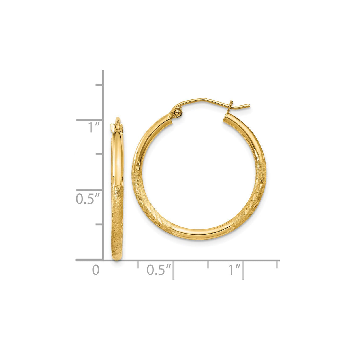 14k Yellow Gold Hoop Earrings, Polished Textured Hoops with Diamond Cut Detailing for Women